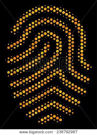 Halftone Hexagonal Fingerprint Icon. Bright Yellow Pictogram With Honeycomb Geometric Pattern On A B