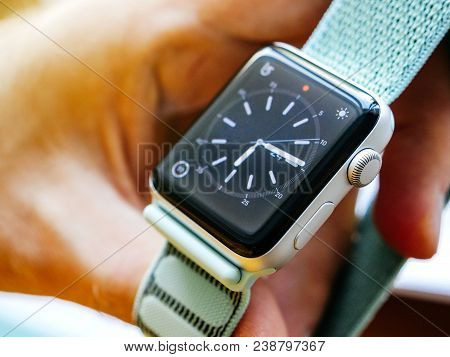 Paris, France - Apr 24, 2018: New Apple Watch Series 3 Smartwatch Personal Wearable Device In Male H