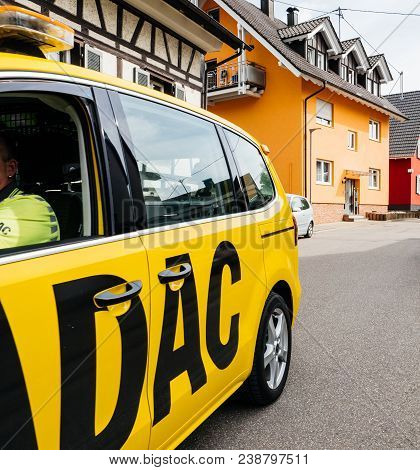 Durbach, Germany - Apr 29, 2018: Security Safety Car From The Adac Driving On Calm German City Of Du