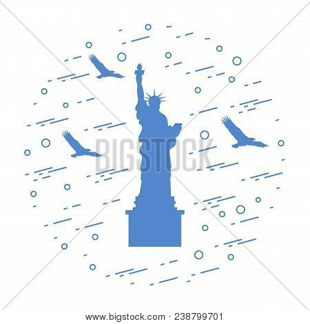 Statue Of Liberty And Silhouettes Of A Soaring Eagles Arranged In A Circle. New York Landmark. Ameri