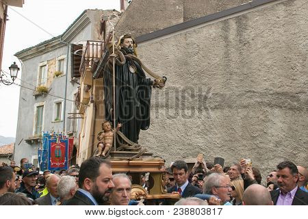 Cocullo, Italy - May 1, 2018: The Statue Of Saint Dominic With The Snakes At The Procession For The 
