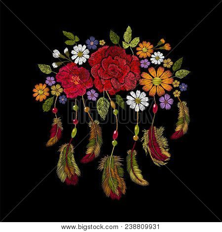 Embroidery Boho Native American Indian Feathers Flowers Arrangement. Clothes Ethnic Tribal Fashion D
