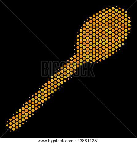 Halftone Hexagon Spoon Icon. Bright Golden Pictogram With Honey Comb Geometric Pattern On A Black Ba