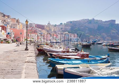 Procida Island Colorful Town With Embankment At Summer, Italy