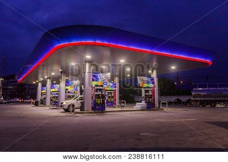 Phuket, Thailand - May 2, 2018: Gas Station Of Petroleum Authority Of Thailand (ptt) In Ealy Nigh Ti