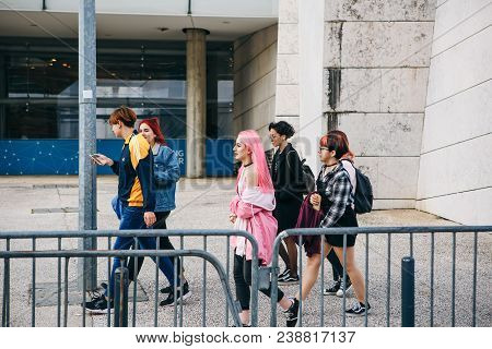 Portugal, Lisbon 29 April 2018: Company Of Friends Or Group Of People Or Kids Or Fashionable Teenage