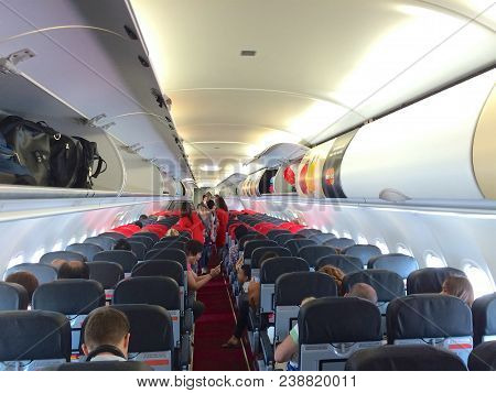 Kuala Lumpur, Malaysia - Apr 4th 2015: Interior Of Airasia Airbus A320-200 Cabin, Airasia Berhad Is 