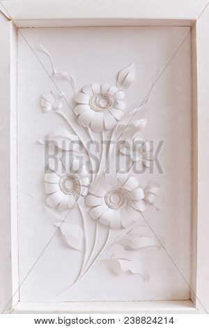 Handmade White Bouquet Of Paper Flowers On A Background. Card