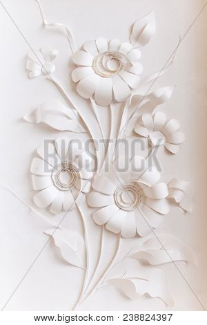 Handmade White Bouquet Of Paper Flowers On A Background. Card