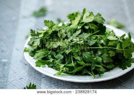 Leaves Of Washed Parsley On A Plate