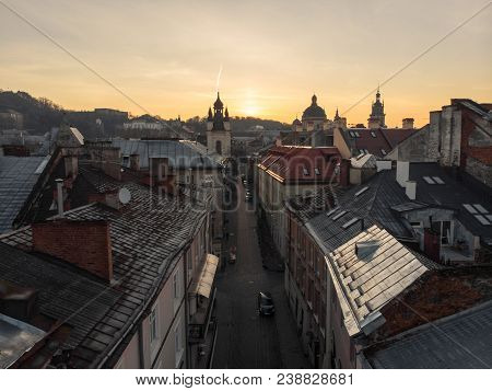 Beauty Panoramic View On Sunrise Over Old European City