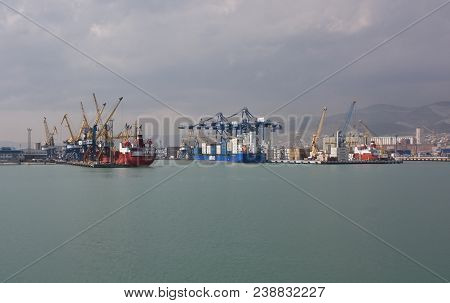 Novorossiysk, Russia- April 23, 2010: Views Of Novorossiysk Commercial Sea Port. Novorossiysk Is A L