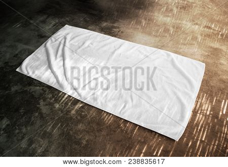 Blank White Beach Towel Mockup On Textured Floor, Side View. Clear Unfolded Wiper Mock Up Lying On T