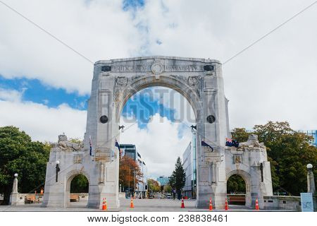 Bridge of Remembrance in the cloudy day. The landmark located in the city centre of Christchurch, New Zealand.