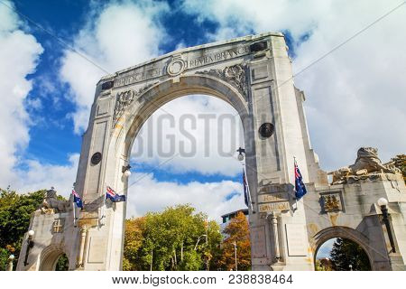 Bridge of Remembrance in the cloudy day. The landmark located in the city centre of Christchurch, New Zealand.