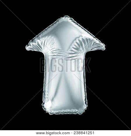 Silver arrow icon made of inflatable balloon isolated on black background. 3d rendering