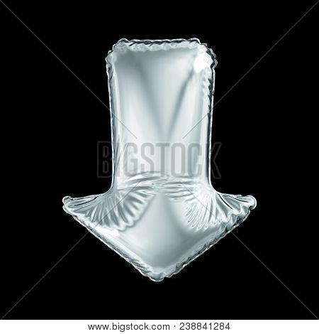 Silver arrow icon made of inflatable balloon isolated on black background. 3d rendering
