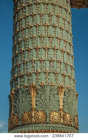 Close-up Of Rich Decoration In Green And Gold Of Lamp At The Place De La Concorde In Paris. Known As