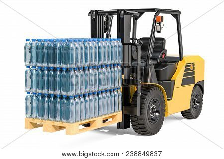 Wooden Pallet With Water Bottles Wrapped In The Shrink Film On The Forklift Truck 3d Rendering Isola