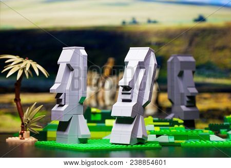 RUSSIA, April 17, 2018. Constructor Lego. Three moai standup in Easter Island.