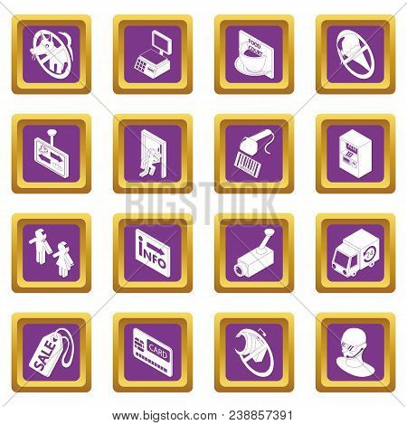 Shop Navigation Foods Icons Set Vector Purple Square Isolated On White Background