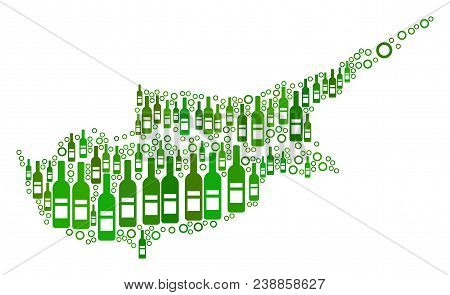 Cyprus Countries Map Collage Of Wine Bottles And Circle Particles In Variable Sizes And Green Color 