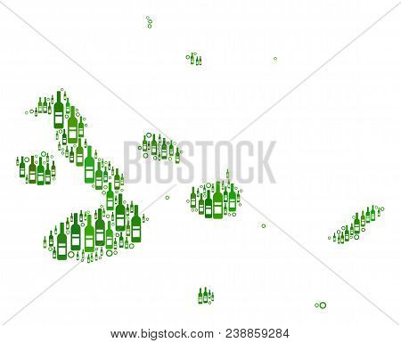 Galapagos Islands Map Collage Of Alcohol Bottles And Circles In Various Sizes And Green Color Tones.