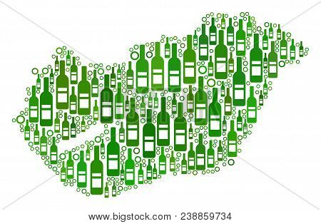 Hungary Map Collage Of Alcohol Bottles And Circle Particles In Variable Sizes And Green Color Variat