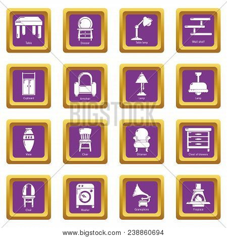 Interior Furniture Icons Set Vector Purple Square Isolated On White Background