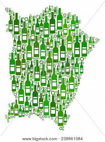 Penang Island Map Collage Of Wine Bottles And Spheric Bubbles In Variable Sizes And Green Color Hues