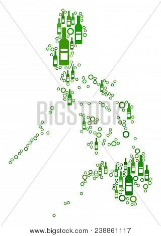 Philippines Map Collage Of Alcohol Bottles And Spheric Bubbles In Different Sizes And Green Color Va