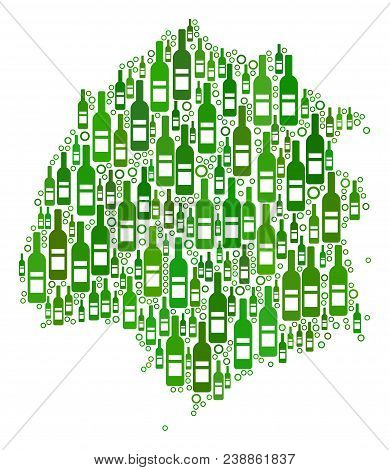 Thassos Greek Island Map Collage Of Alcohol Bottles And Empty Circles In Various Sizes And Green Col