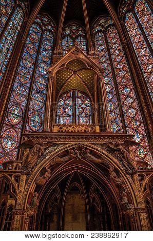 Paris, Northern France - July 08, 2017. Stained Glass Windows And Baldachin At The Sainte-chapelle (