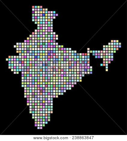 Pixel India Map. Vector Geographic Map In Arbitrary Colors On A Black Background. Vector Pattern Of 