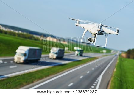 drone and transportation. drone with camera controls highway road conditions