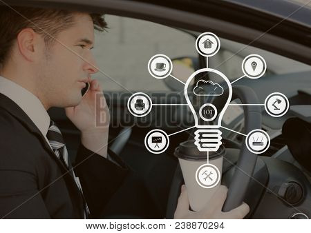 Bulb icon against boy in the car