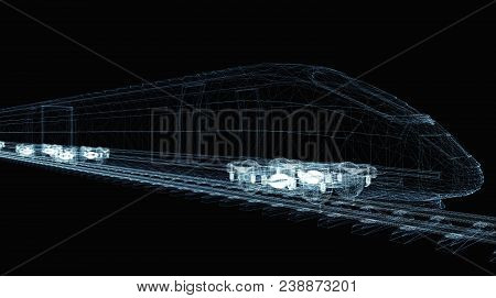 Abstract Polygonal High-speed Passenger Train. Traveling Concept. 3d Illustration On Black Backgroun