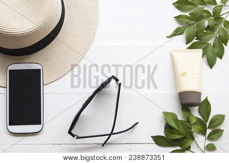 Natural Cosmetic For Skin Face Spf50 And Accessories Of Lifestyle Woman Relax Summer On Background W