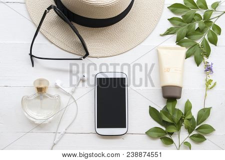 Natural Cosmetic For Skin Face Sunscreen Spf50 And Accessories Of Lifestyle Woman Relax Summer On Ba
