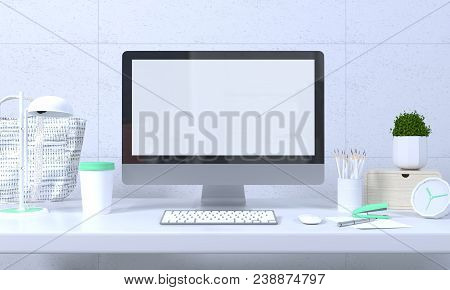 Mokc Up Interior Computer Decoration Office Desk And Object 3d Illustration In Front Of Clean Wall B