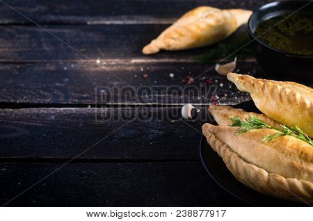 Chicken Broth With Pastries, Mutton And Mushroom Pie. Free Space For Your Text