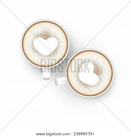 Top View Of Creamy Coffee With Sprinkle Cocoa Or Cinnamon Powder In White Coffee Cups On White Backg