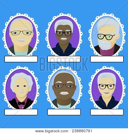 Set Of Grandpas Portrait In Oval Frame Makind With Clipping Mask Vector