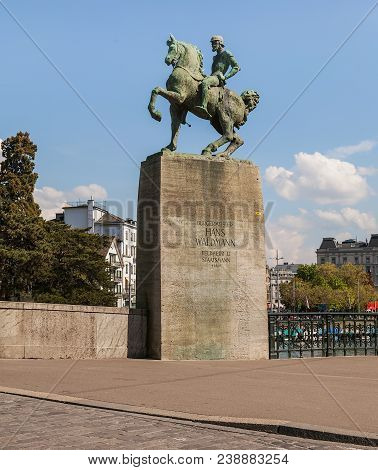 Zurich, Switzerland - 23 April, 2014: The Monument To Hans Waldmann On The Embankment Of The Limmat 