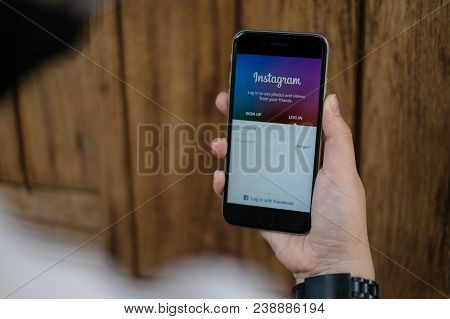 Chiang Mai, Thailand - March 23, 2018: A Woman Hand Holding Iphone With Login Screen Of Instagram Ap