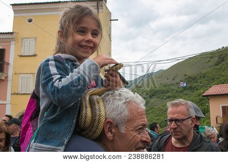 Cocullo, Italy - May 1, 2018: The Feast Of Serpari In The Main Square Of Cocullo Medieval Village, A