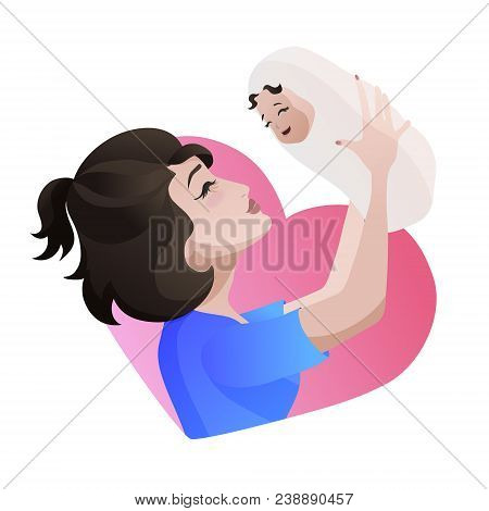 Young Asian Mother With Baby In Her Hands. Throwing Up Baby, Head Up, Smiling, Happy Child. Characte