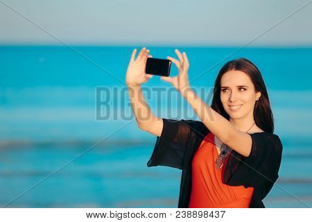 Summer Woman Taking A Selfie At The Beach