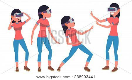 Woman In Virtual Reality Glasses Vector. Virtual Cyberspace. 3d Vr Glasses. Vr Technology. In Action