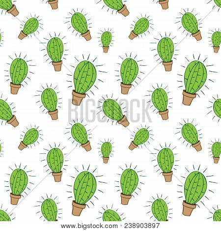Home Green Cactus In Brown Pot In Doodle Style, Flat Cartoon Colors, Seamless Pattern Isolated On Wh